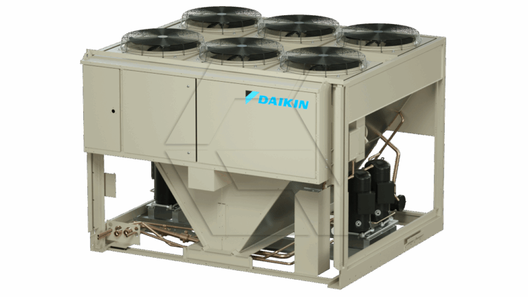 Large industrial air conditioning unit with six black fans on top, beige casing, exposed copper pipes, and compressor components visible inside; labeled with the DAIKIN logo.