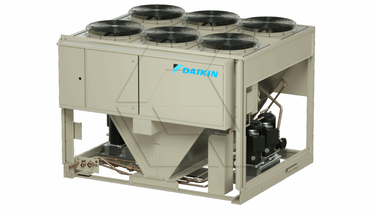 A large industrial Daikin HVAC chiller unit with six fans on top, beige panels, exposed copper piping, and visible internal components, used for cooling in commercial or industrial settings.