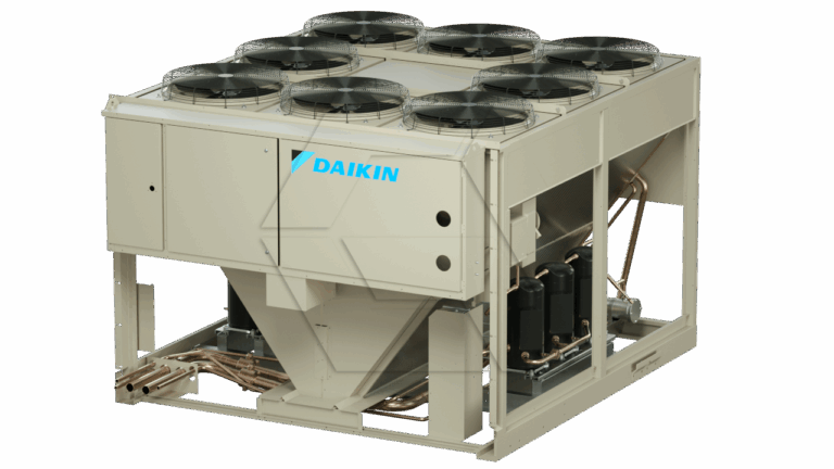 A large commercial Daikin air conditioning chiller unit with multiple black circular fans on top and exposed copper piping on the side, set against a plain background.