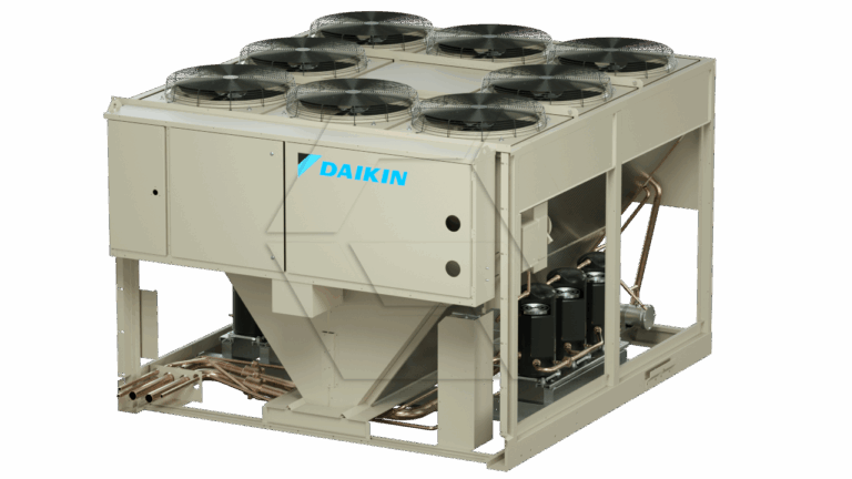 A large commercial Daikin HVAC chiller unit with multiple fans on top, exposed copper piping, and compressors visible on the side, shown against a plain white background.