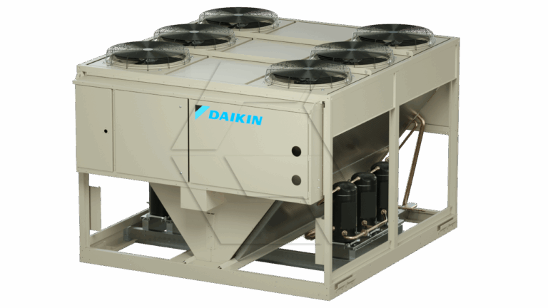 A large Daikin industrial air conditioning unit with six circular fans on top, metal panels, visible copper piping, and compressors, designed for commercial cooling applications.