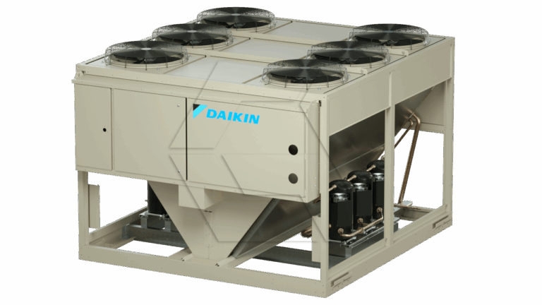 A large industrial Daikin chiller unit with six cooling fans on top, beige exterior panels, visible pipes, and internal components, designed for commercial air conditioning and cooling applications.