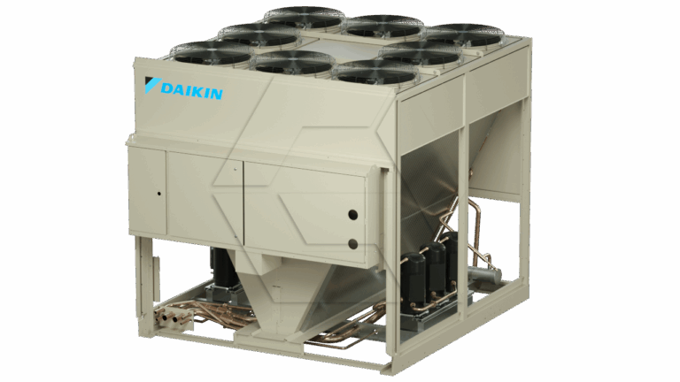A large industrial Daikin HVAC chiller unit with multiple fans on top, metal panels, piping, and cooling components visible on the side, isolated on a white background.