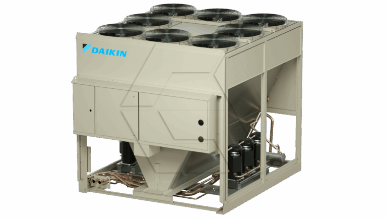 A large industrial HVAC chiller unit by Daikin, featuring multiple fans on top, exposed copper piping, and visible compressors on the side, set against a plain white background.