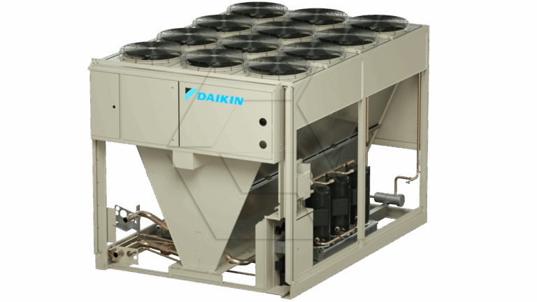 A large industrial HVAC unit with multiple black fans on top, beige metal casing, and visible copper pipes; the unit is branded with the Daikin logo.