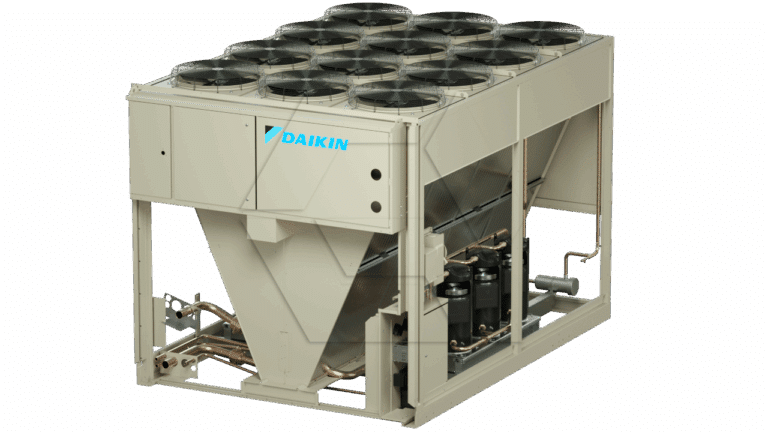 A large industrial chiller unit with the Daikin logo, featuring multiple top-mounted fans, metal panels, and visible internal piping and compressors.