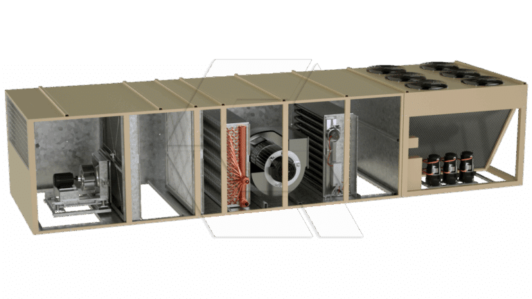 A cutaway view of a large industrial HVAC unit, showing internal components such as fans, coils, filters, motors, and compressors arranged in separate sections inside a rectangular metal casing.