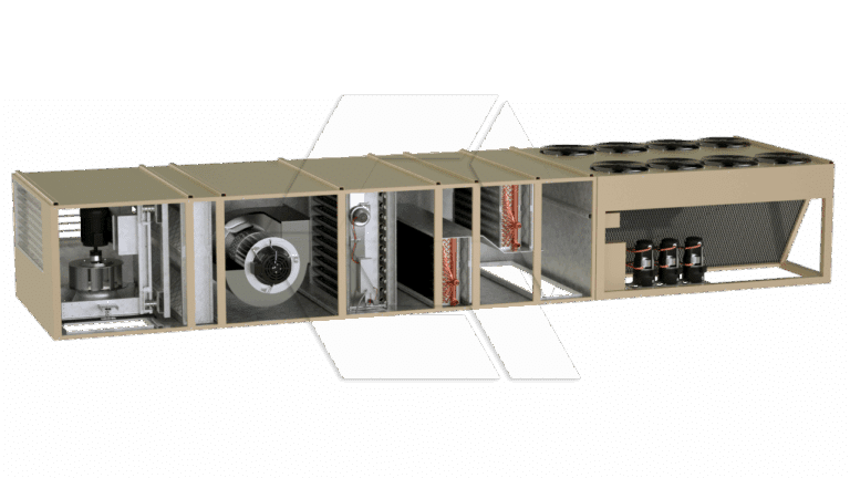 A cutaway view of a large industrial HVAC rooftop unit, showing internal components such as fans, coils, motors, compressors, and heat exchangers. The unit is beige and rectangular with visible metal framework.