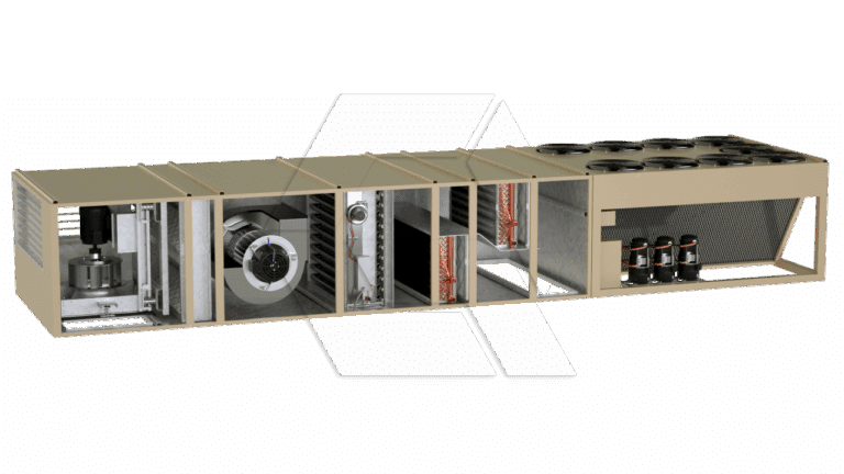 A cutaway view of a large industrial HVAC unit showing internal components including a fan, coils, filters, compressors, and circuit boards, all housed in a rectangular metal casing.