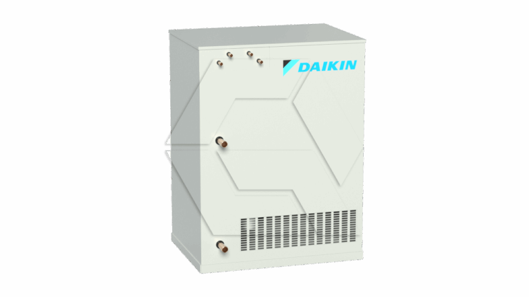 A white Daikin-branded industrial unit with a vent at the bottom and several pipe connections on the front and sides, set against a plain white background.