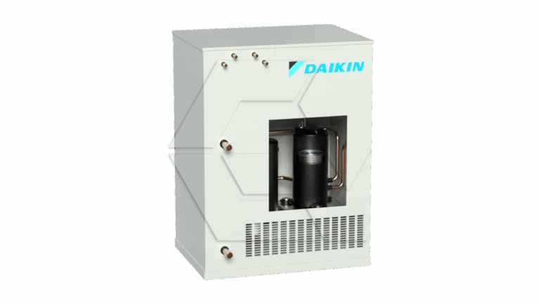 A white Daikin-branded HVAC compressor unit with a visible cylindrical component inside and several copper pipes protruding from the top and sides. The front panel features ventilation grilles.