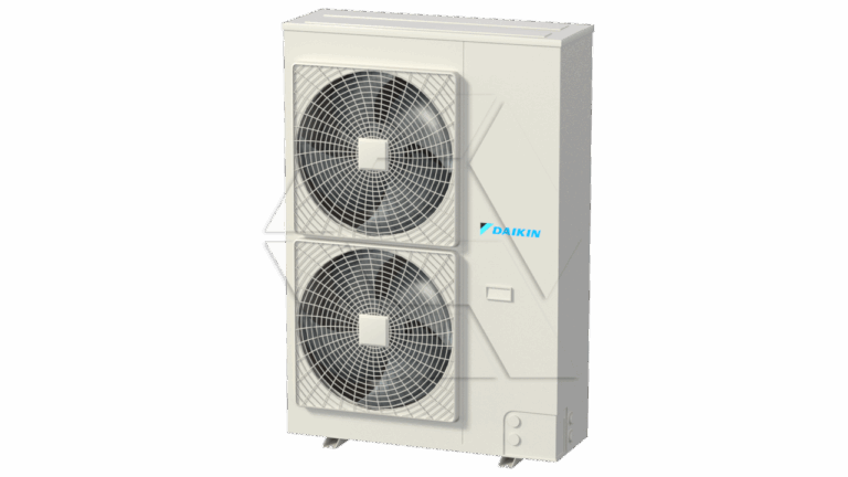 A white Daikin outdoor air conditioning unit with two large circular fans stacked vertically on the front. The unit has a rectangular shape and sits on two small feet.