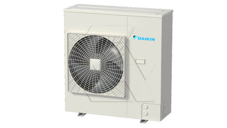 A rectangular Daikin outdoor air conditioning unit with a large circular fan covered by a grille, set against a plain white background.