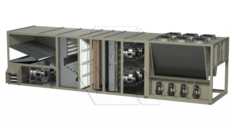 A cutaway view of a large commercial HVAC rooftop unit shows internal components, including air filters, fans, coils, compressors, and condenser fans, all housed within a rectangular metal casing.