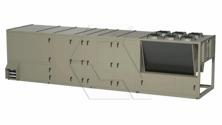 Large industrial HVAC unit with multiple access panels, vents, and fan systems on top, designed for air handling or cooling, shown against a plain white background.