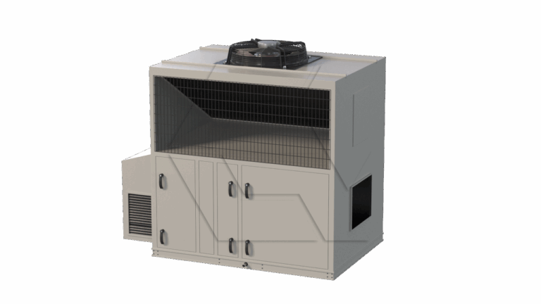 A large industrial HVAC unit with a fan on top, multiple front access panels, a grated vent section, and a side vent, all housed in a rectangular metal casing. The background is plain white.