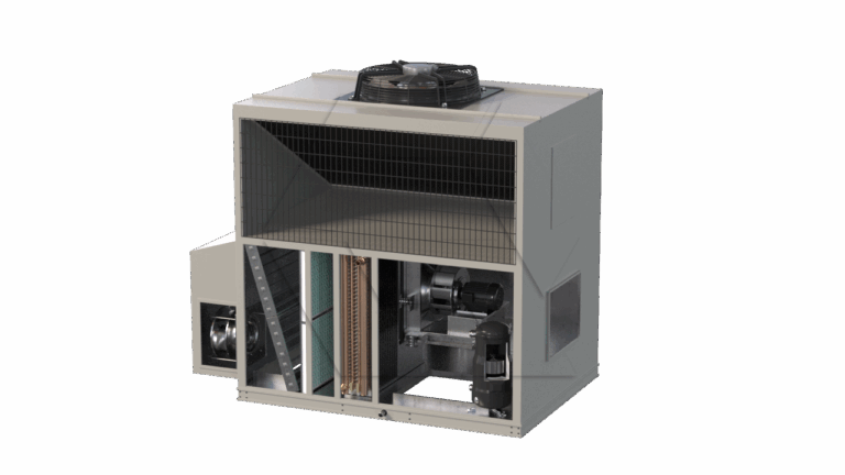 A large, industrial air conditioning unit with a visible fan on top and an open section showing internal components like coils, motors, and ducts, set against a plain white background.
