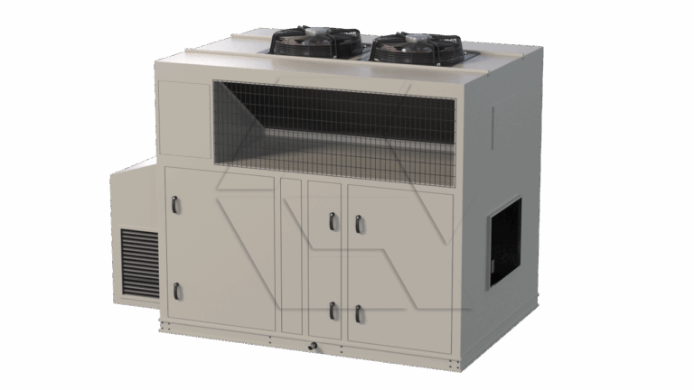 A large industrial air conditioning unit with two fans on top, multiple vented panels, and access doors on the front, designed for cooling large spaces.