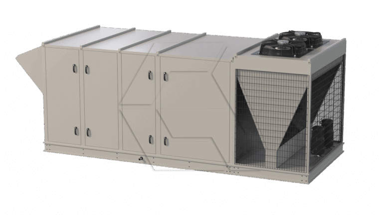 A large, rectangular rooftop HVAC unit with multiple access panels and a fenced section housing fans and components, set against a plain white background.