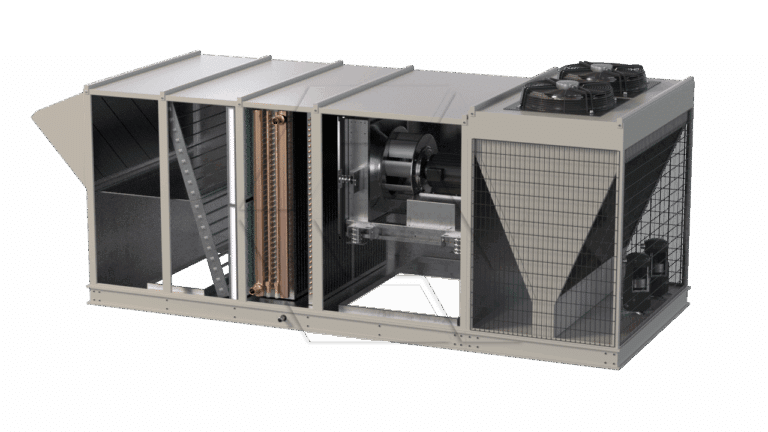 A large, industrial air conditioning unit with metal panels partially removed, revealing internal components such as coils, a fan, and compressors on a white background.