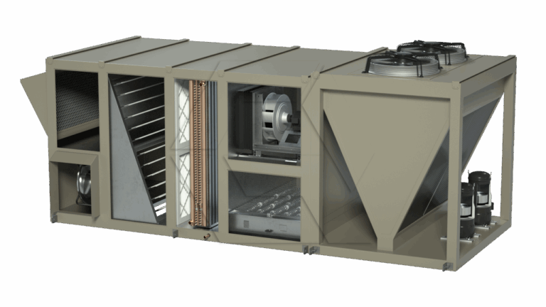 A cutaway view of a large commercial HVAC rooftop unit showing internal components such as filters, coils, blower fan, and compressors. The unit has a rectangular metal enclosure and two circular fans on top.