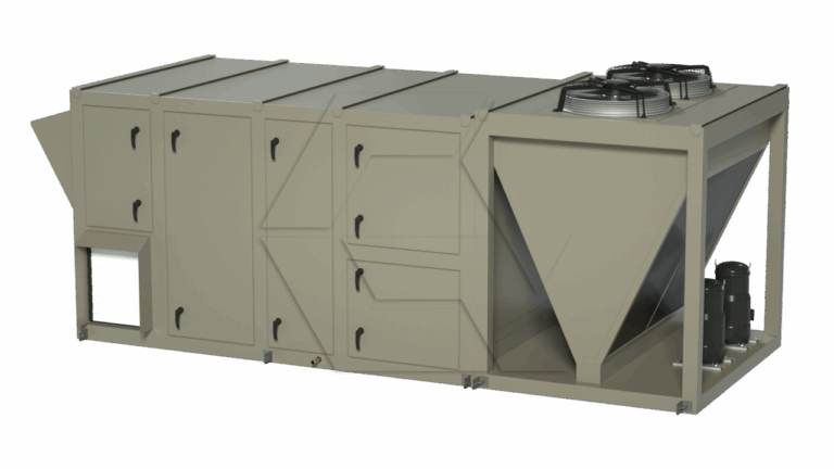 A large industrial HVAC unit with multiple compartments, two fans on top, and visible mechanical components, designed for air handling or cooling, set against a plain white background.