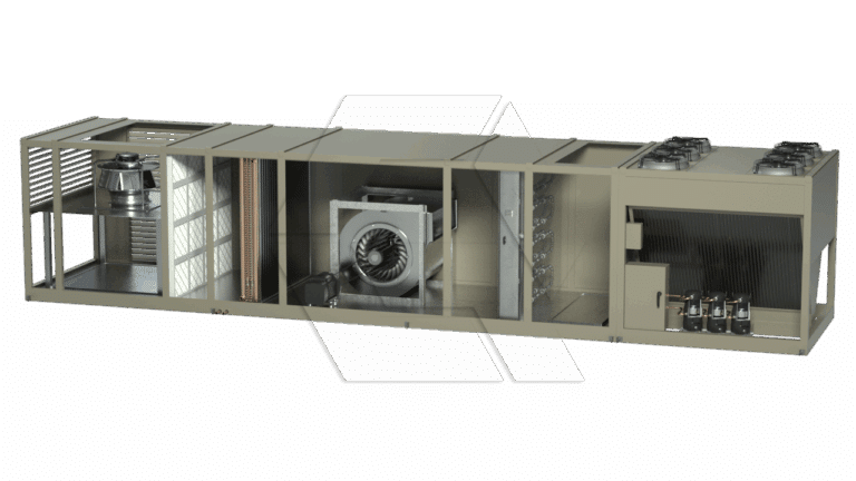 A cutaway view of a large industrial HVAC unit showing internal components like fans, coils, filters, and control systems, enclosed in a rectangular metal casing.