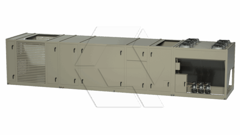 A large industrial HVAC rooftop unit with multiple compartments, vents, and visible fans on top, used for commercial heating, ventilation, and air conditioning.
