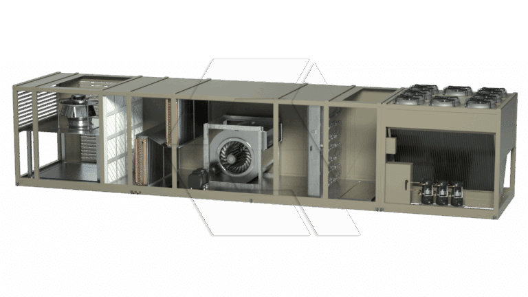 A cutaway view of a large industrial HVAC unit showing internal components such as fans, coils, and compressors, all housed in a long rectangular metal enclosure.
