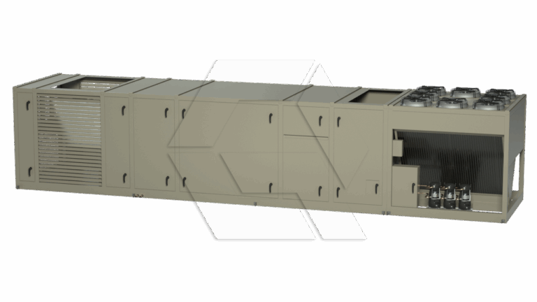 A large, rectangular commercial HVAC rooftop unit with metal panels, ventilation grilles, cooling fans, and exposed coils on one end, displayed against a plain white background.