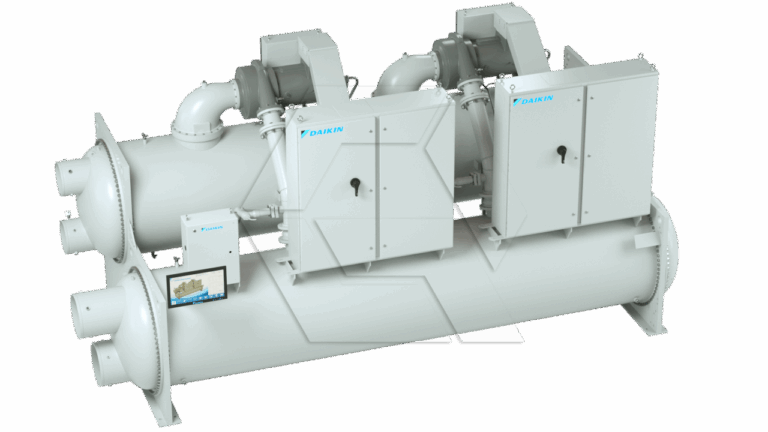 A large industrial Daikin chiller unit with two main cylindrical components, control panels, and pipe connections, shown against a plain white background.