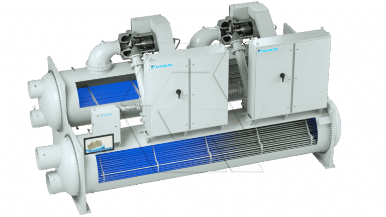Industrial Daikin chiller unit with two large compressor modules mounted on top of a horizontal cylindrical base, featuring visible blue heat exchanger fins and various pipes and control panels.