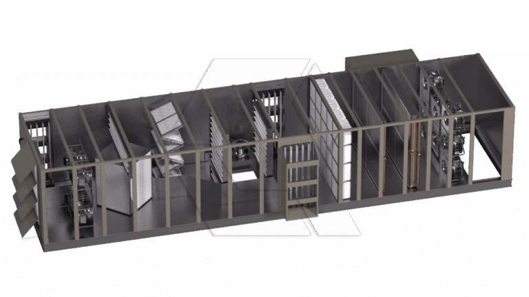 A 3D rendering of an industrial modular structure shows several compartments housing large mechanical and electrical equipment, including vents, filters, and control panels, with some sections open to reveal internal components.