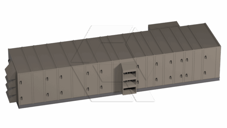 3D rendering of a large, rectangular, gray industrial unit with multiple doors on the sides and a small set of open shelves near the center. The surface is segmented, and there are angled stair-like features at both ends.