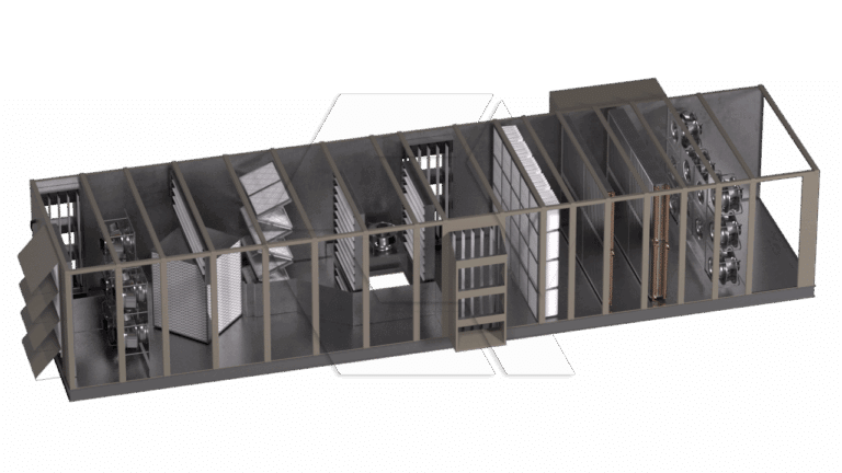 3D rendering of a rectangular industrial structure with a transparent exterior, showing multiple rows of metallic equipment, racks, and ventilation units inside, viewed from an angled perspective.