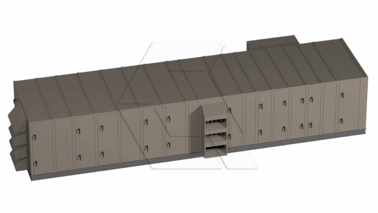 3D-rendered image of a large, rectangular, industrial storage unit with multiple beige lockers and vents, featuring a central open section with shelves. The unit is set against a plain white background.