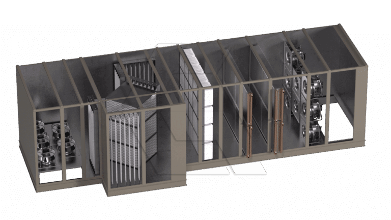 3D rendering of an industrial ventilation or air handling unit with multiple compartments, including fans, filters, coils, and various internal components, all framed in a rectangular metal enclosure.