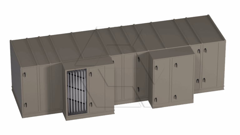 A large, rectangular industrial HVAC unit with multiple sections, including an open panel revealing air filters inside; the unit is gray and has several access doors.