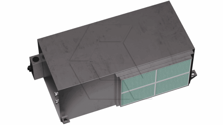 A rectangular, metallic industrial filter unit with a perforated green filter panel on one side, mounting brackets at the base, and a smooth, solid top surface.