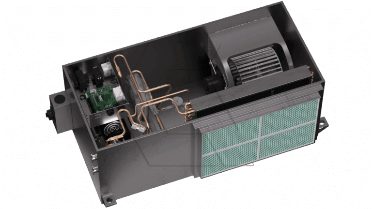 A partially enclosed HVAC unit showing internal components, including copper coils, a circuit board, a fan, and a green air filter panel on the front. The unit is set against a plain white background.