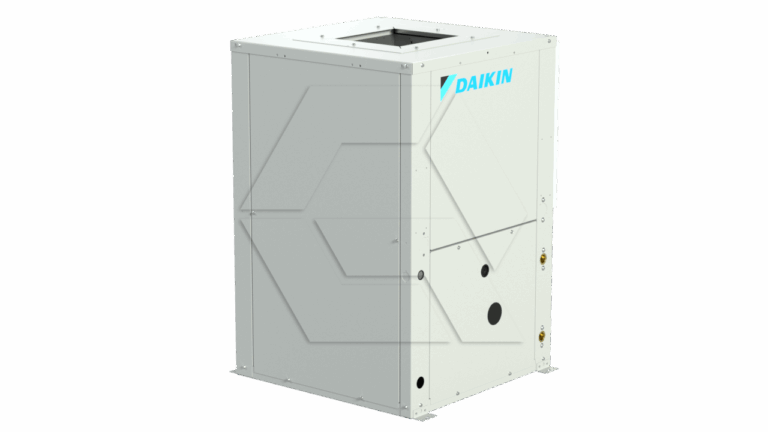 A large, white, rectangular Daikin HVAC unit with vent openings and connection ports, standing on a light background. The Daikin logo is visible on the upper front panel.