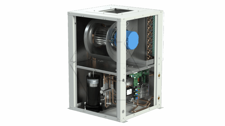 A cutaway view of an industrial HVAC unit showing internal components, including a large fan, copper tubing, circuit board, and a compressor, all housed in a white metal frame.