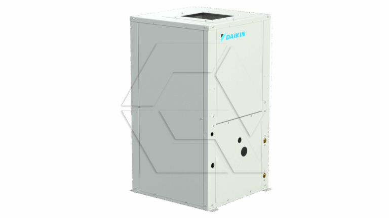 A white Daikin industrial HVAC unit with a rectangular shape, vent openings, and visible screws, set against a plain light background.