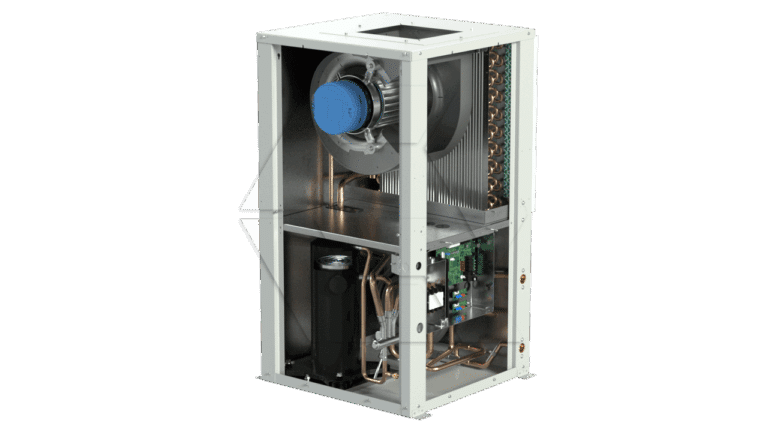 A vertical HVAC unit with its front panel removed, showing internal components such as a fan, circuit board, copper pipes, and a compressor against a plain background.