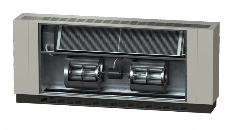 A cutaway view of a grey HVAC unit showing internal components, including fans, coils, and ductwork. The front panel is partially open to reveal the mechanical parts inside.