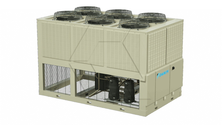 Large industrial air conditioning unit with six fans on top, metal grilles, and a beige exterior. The Daikin logo is visible on the right side of the unit.