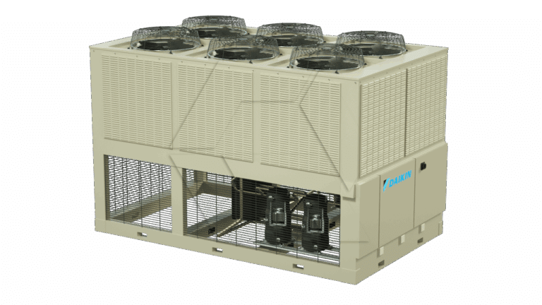 A large industrial HVAC chiller unit with six fans on top, metal vented sides, and components visible at the bottom, branded with the Daikin logo.