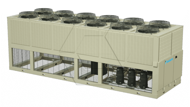 A large industrial air-cooled chiller unit with multiple fans arrayed on top and ventilated grilles on the sides, used for commercial cooling applications.