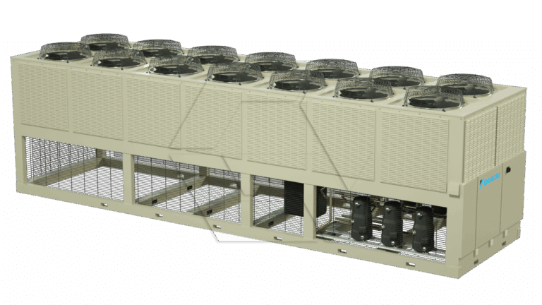 Large industrial air-cooled chiller unit with multiple fans on top, metal mesh sides, and visible internal components, used for commercial cooling systems.