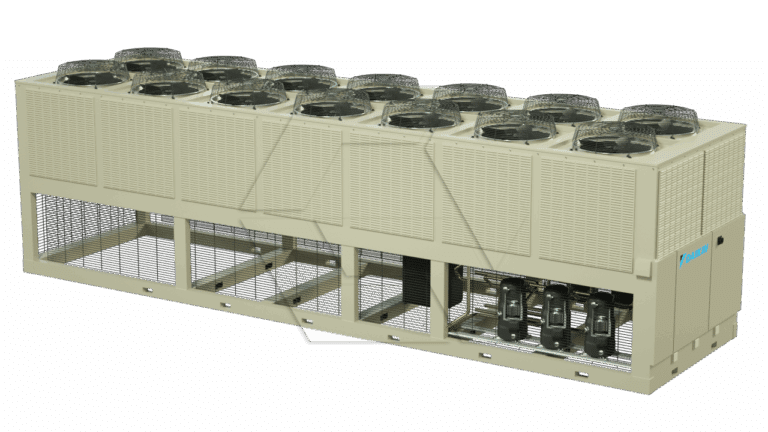A large industrial HVAC chiller unit with multiple fans on top, metal grilles on the sides, and exposed internal compressor components, used for cooling in commercial buildings.